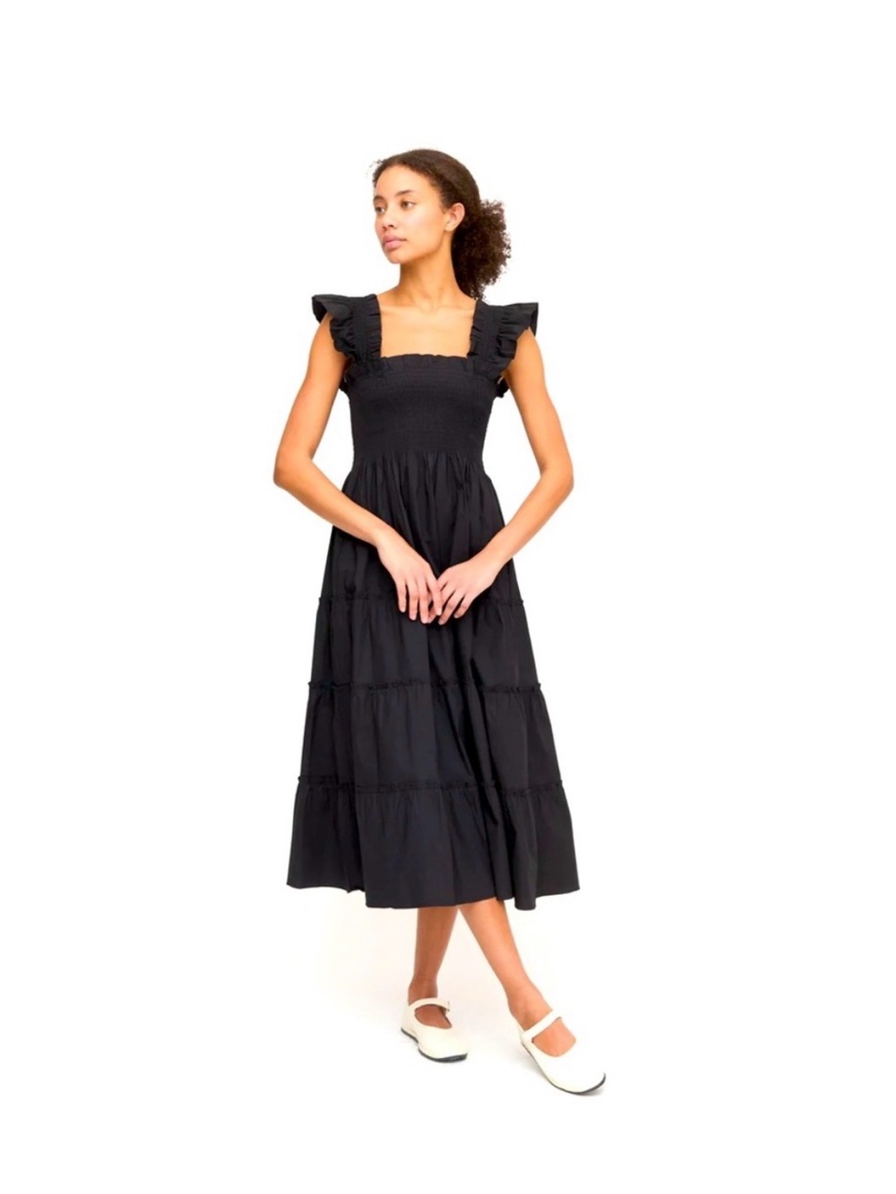 Hill House Black Smocked Midi Dress with Ruffle Straps
